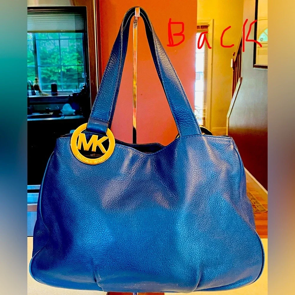 MICHAEL KORS Fulton Blue Pebble Leather Gold MK Logo Hobo Shoulder Bag, EUC
